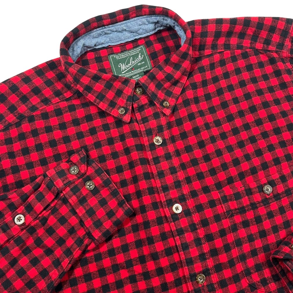 Woolrich Flannel Shirt Mens L Red Black Buffalo Plaid Cotton Button Down Outdoor